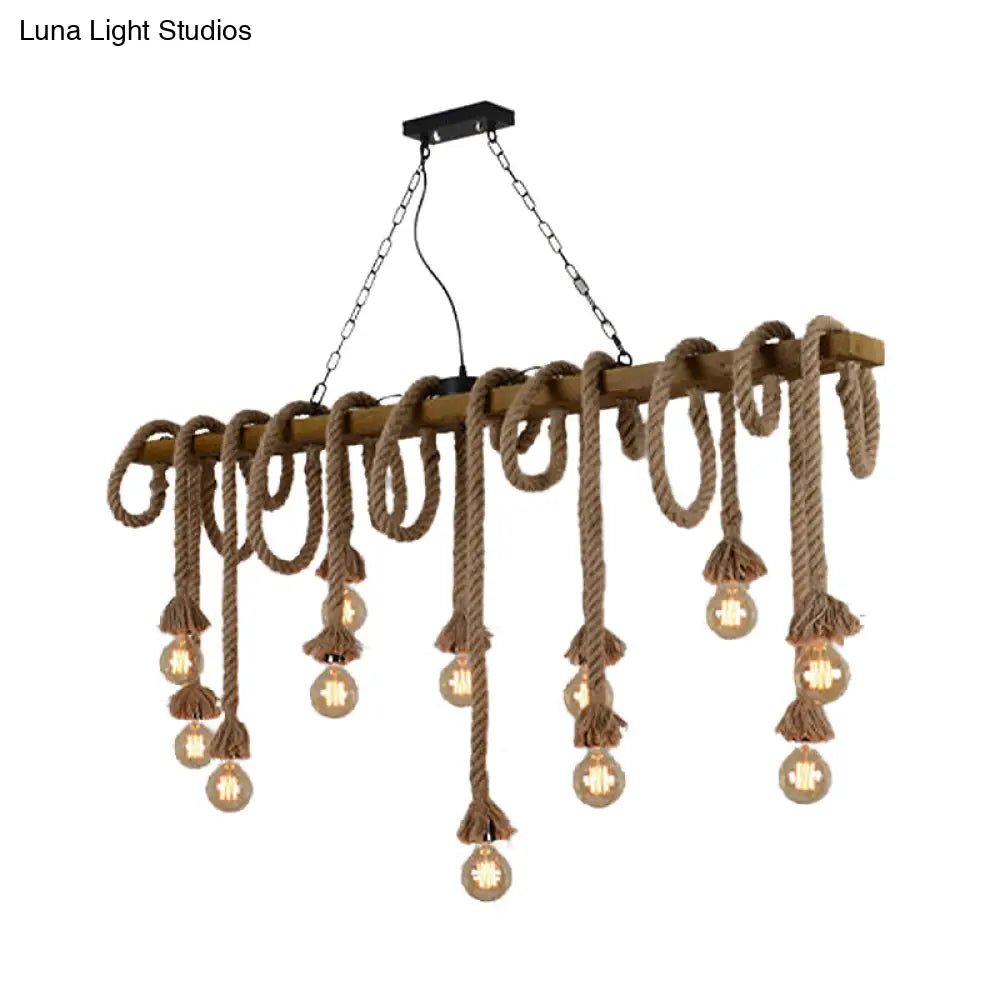Industrial-Style Wood Beige Island Chandelier - 8-Light Linear Pendant Lamp For Dining Room