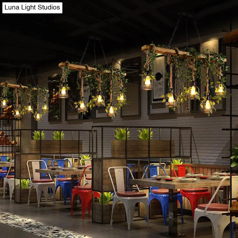 Industrial Style Wood Pendant Light With Cage Shade - Island Linear Chandelier Beige