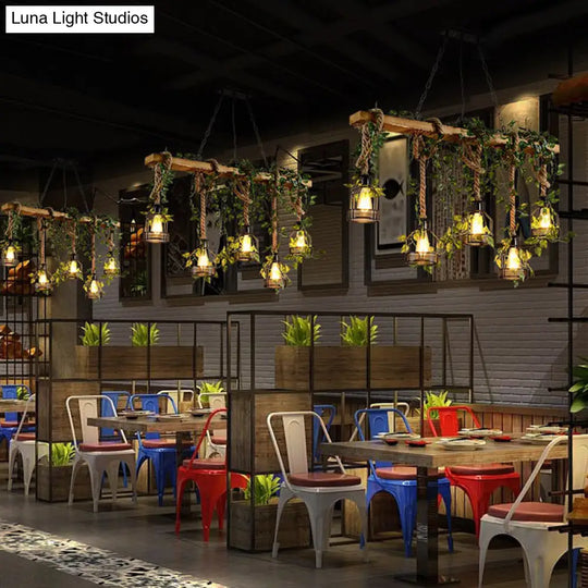 Industrial Style Wood Pendant Light With Cage Shade - Island Linear Chandelier Beige