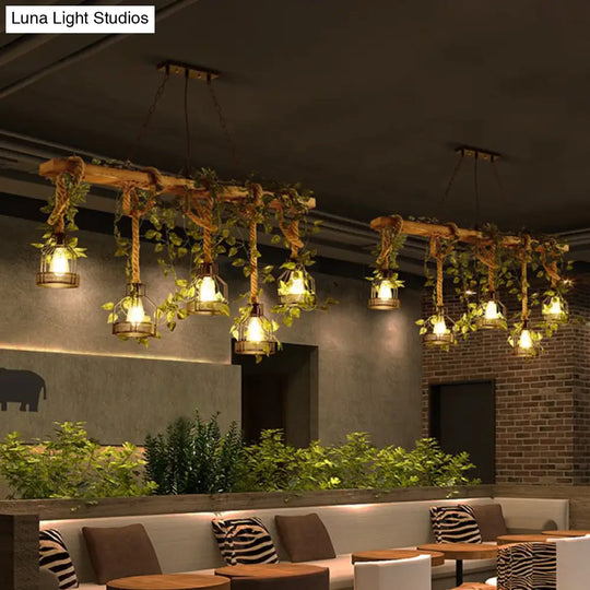 Industrial Style Wood Pendant Light With Cage Shade - Island Linear Chandelier Beige