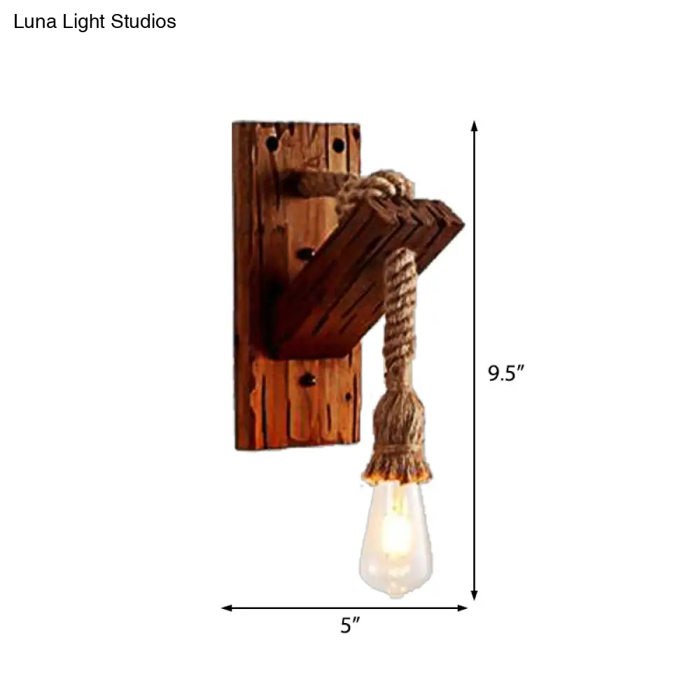 Industrial Style Wood Wall Sconce With Exposed Bulb And Rope Detail - Perfect For Bedroom Lighting