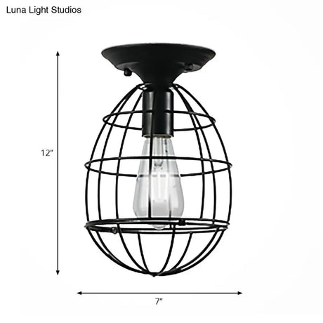 Industrial Stylish Black Iron Ceiling Lamp - Oval/Bell Cage Design 1 Head Semi Flush Pendant Light