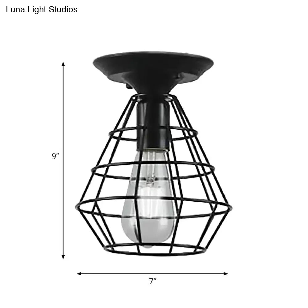 Industrial Stylish Black Iron Ceiling Lamp - Oval/Bell Cage Design 1 Head Semi Flush Pendant Light