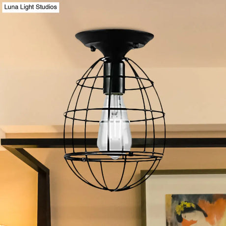 Industrial Stylish Black Iron Ceiling Lamp - Oval/Bell Cage Design 1 Head Semi Flush Pendant Light