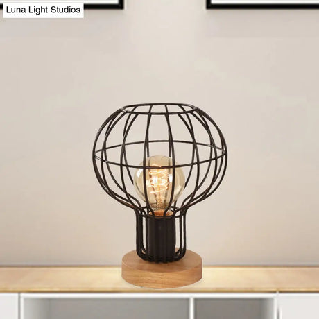 Industrial Stylish Table Lamp With Wire Guard For Bedroom - Metal And Wood Task In Black