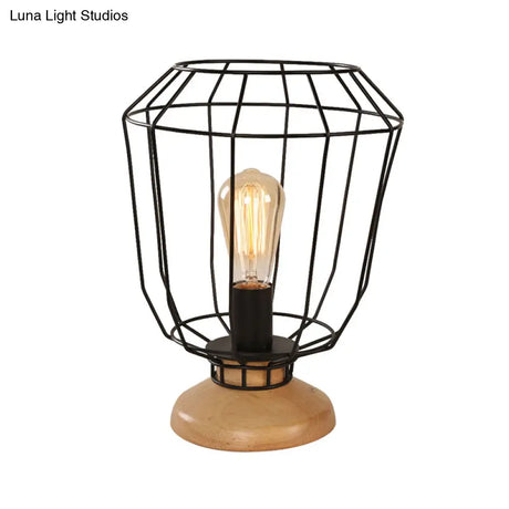 Industrial Stylish Table Lamp With Wire Guard For Bedroom - Metal And Wood Task In Black