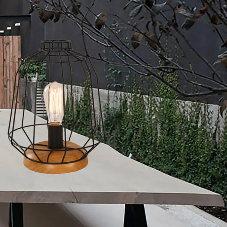 Industrial Stylish Table Lamp With Wire Guard For Bedroom - Metal And Wood Task In Black / Pear