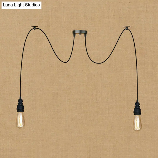 Industrial Swag Hanging Lamp With Exposed Bulb - Black Metal Pendant Light (2/3 Heads)