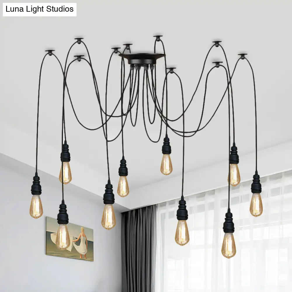 Industrial Swag Hanging Lamp With Exposed Bulb - Black Metal Pendant Light (2/3 Heads)