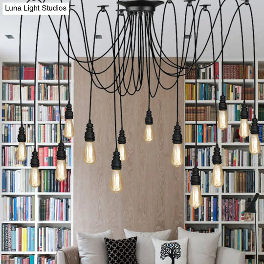 Industrial Swag Hanging Lamp With Exposed Bulb - Black Metal Pendant Light (2/3 Heads)