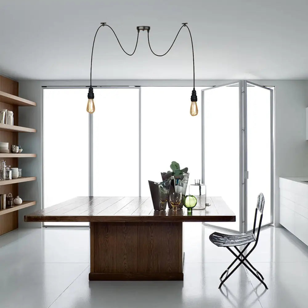 Industrial Swag Hanging Lamp With Exposed Bulb - Black Metal Pendant Light (2/3 Heads) 2 /