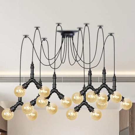 Industrial Swag Pendant Light - Amber Glass Globe Multiple Ceiling Lights Led Black Finish Perfect