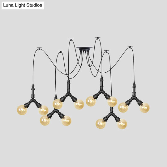 Industrial Swag Pendant Light - Amber Glass Globe Multiple Ceiling Lights Led Black Finish Perfect