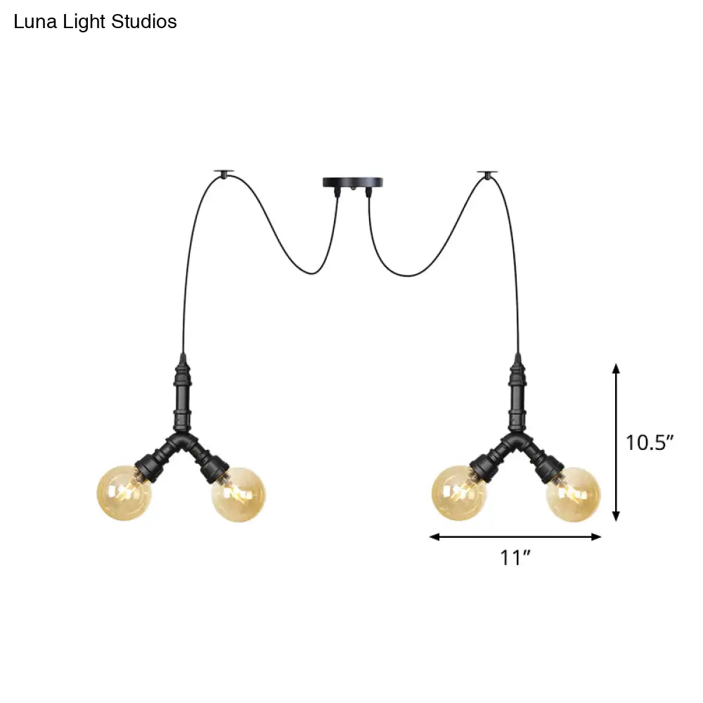 Industrial Swag Pendant Light - Amber Glass Globe Multiple Ceiling Lights Led Black Finish Perfect