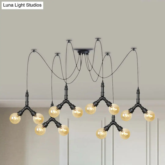 Industrial Swag Pendant Light - Amber Glass Globe Multiple Ceiling Lights Led Black Finish Perfect