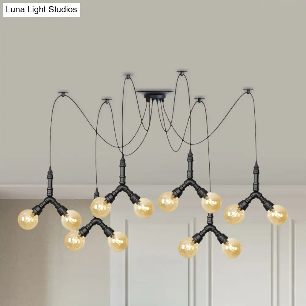 Industrial Amber Glass Globe Swag Ceiling Light With Led - 4/6/12 Lights For Restaurant And Home In