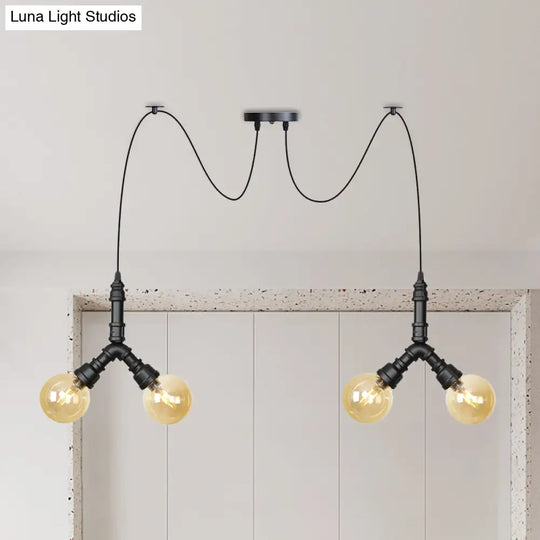 Industrial Swag Pendant Light - Amber Glass Globe Multiple Ceiling Lights Led Black Finish Perfect