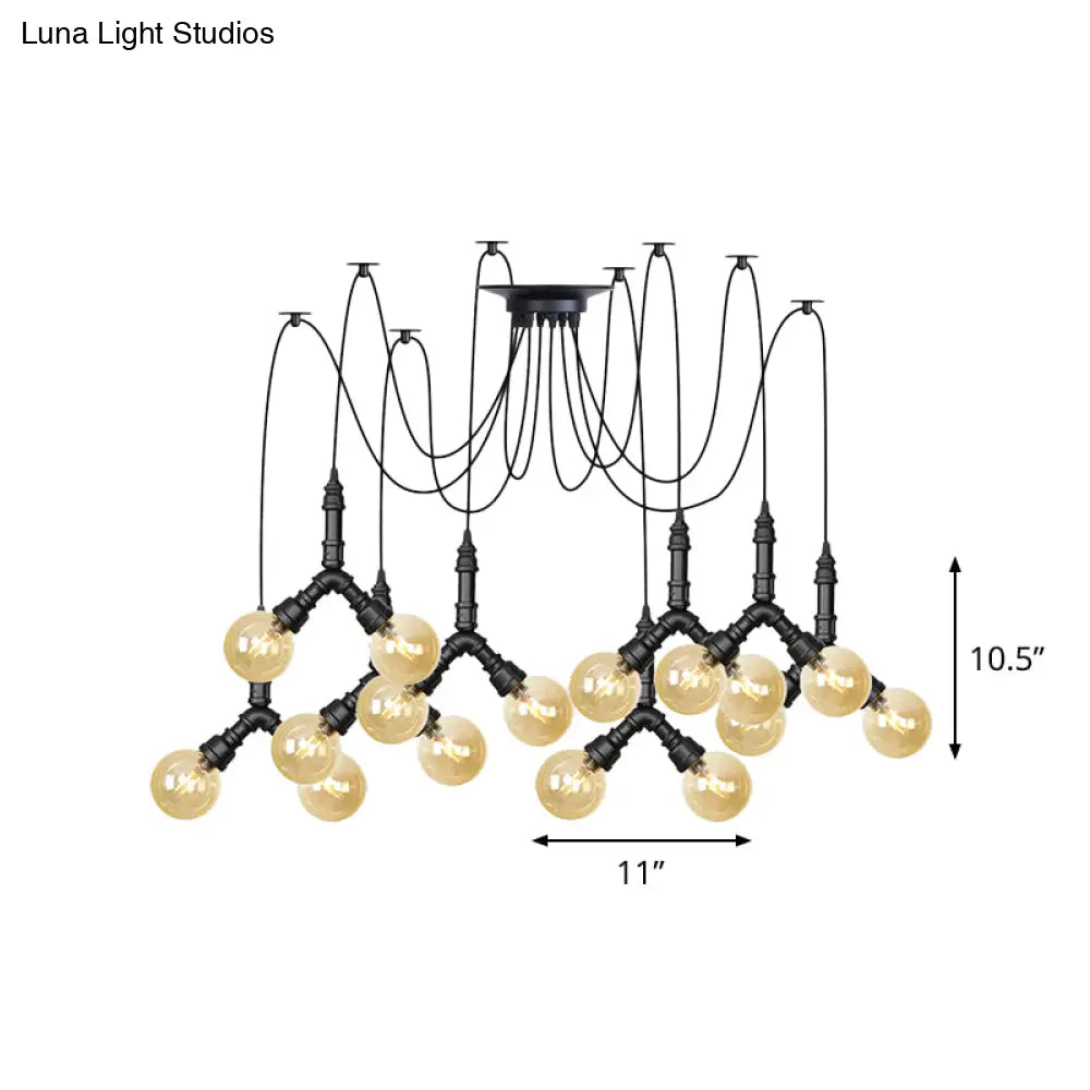 Industrial Amber Glass Globe Swag Ceiling Light With Led - 4/6/12 Lights For Restaurant And Home In