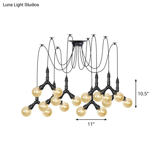 Industrial Amber Glass Globe Swag Ceiling Light With Led - 4/6/12 Lights For Restaurant And Home In