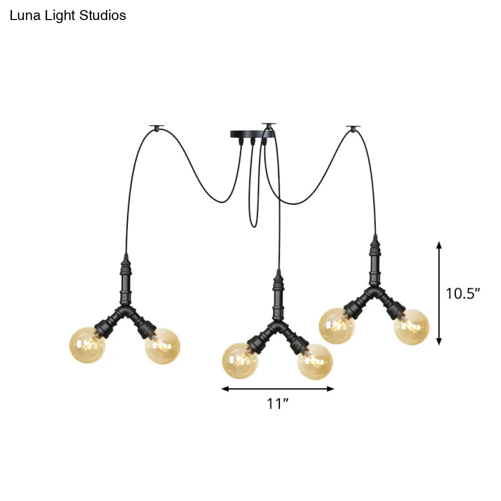 Industrial Swag Pendant Light - Amber Glass Globe Multiple Ceiling Lights Led Black Finish Perfect