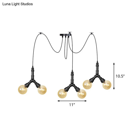 Industrial Swag Pendant Light - Amber Glass Globe Multiple Ceiling Lights Led Black Finish Perfect