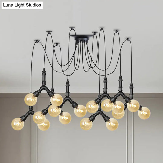 Industrial Swag Pendant Light - Amber Glass Globe Multiple Ceiling Lights Led Black Finish Perfect