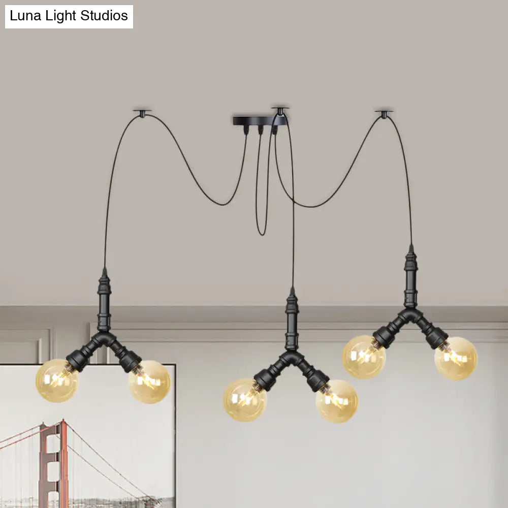 Industrial Swag Pendant Light - Amber Glass Globe Multiple Ceiling Lights Led Black Finish Perfect