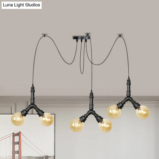 Industrial Swag Pendant Light - Amber Glass Globe Multiple Ceiling Lights Led Black Finish Perfect