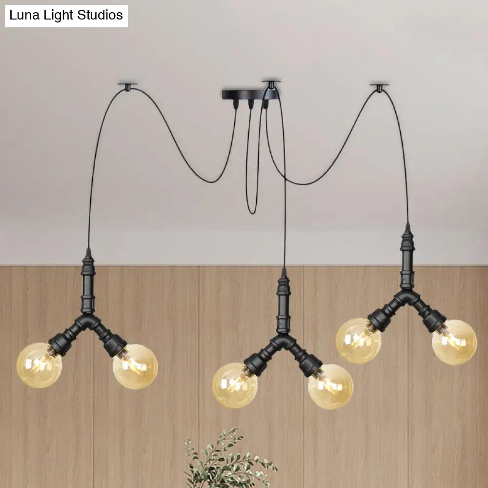 Industrial Swag Pendant Light - Amber Glass Globe Multiple Ceiling Lights Led Black Finish Perfect