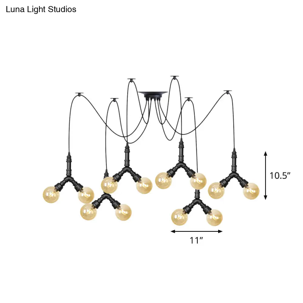 Industrial Amber Glass Globe Swag Ceiling Light With Led - 4/6/12 Lights For Restaurant And Home In