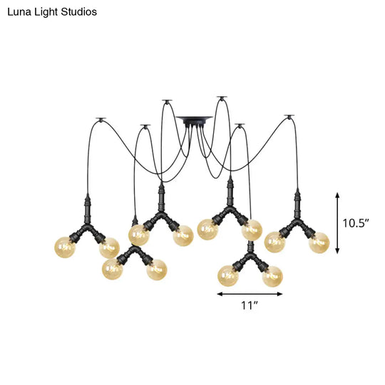 Industrial Amber Glass Globe Swag Ceiling Light With Led - 4/6/12 Lights For Restaurant And Home In