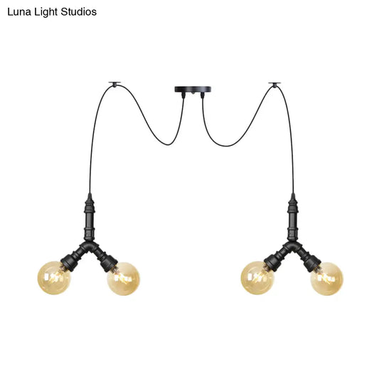 Industrial Amber Glass Globe Swag Ceiling Light With Led - 4/6/12 Lights For Restaurant And Home In