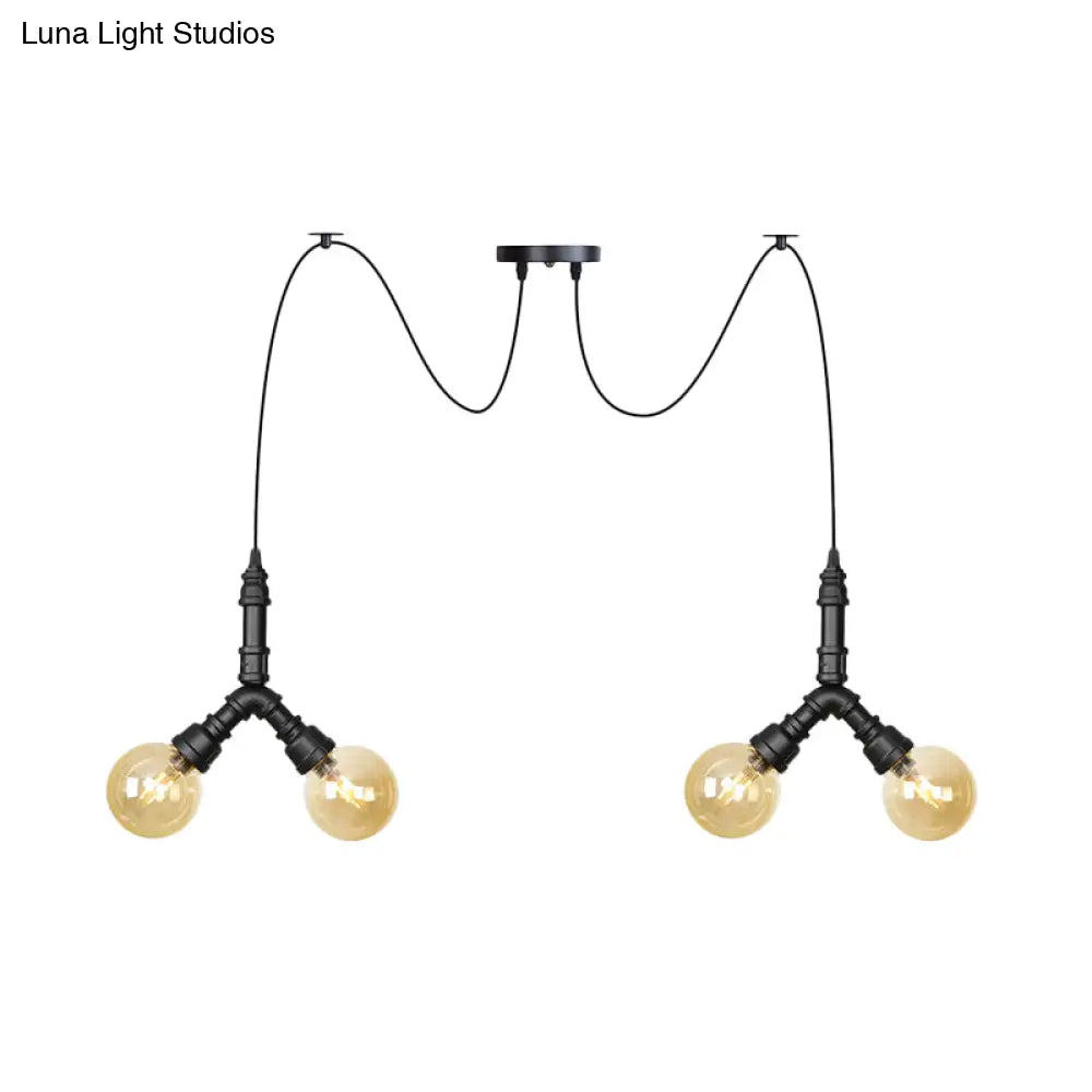 Industrial Swag Pendant Light - Amber Glass Globe Multiple Ceiling Lights Led Black Finish Perfect