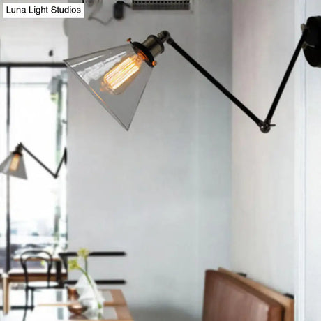 Industrial Swing Arm Wall Lamp With Conical Glass Shade - Stylish Indoor Sconce Light