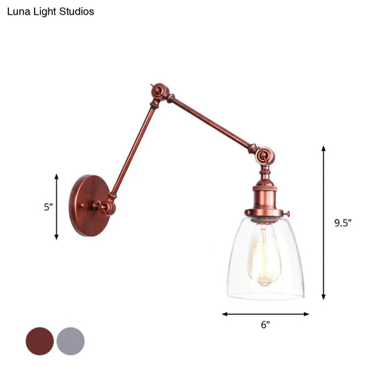 Industrial Swing Arm Wall Light With Clear Glass Conical/Bell/Global Shade In Chrome/Rust Finish