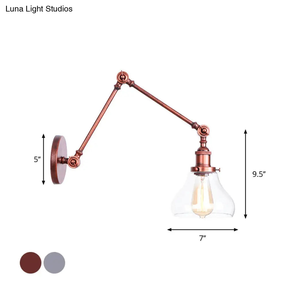 Industrial Swing Arm Wall Light With Clear Glass Conical/Bell/Global Shade In Chrome/Rust Finish