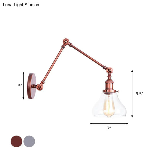 Industrial Swing Arm Wall Light With Clear Glass Conical/Bell/Global Shade In Chrome/Rust Finish