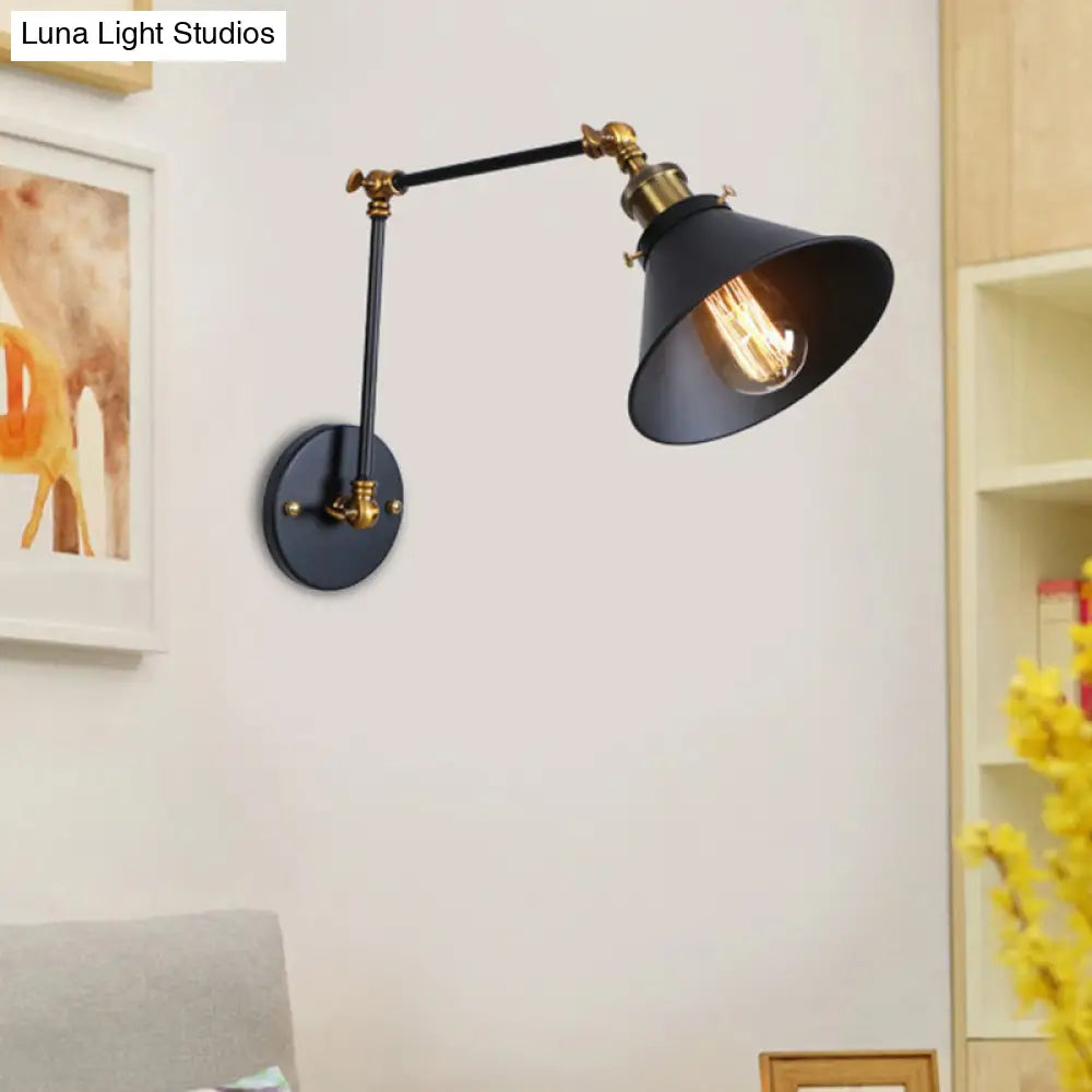 Industrial Swing Arm Wall Sconce - Conic Study Room Lamp (1 Bulb) Black/Brass Metallic Finish Black