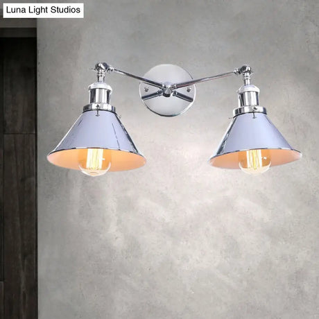 Industrial Vintage 2-Head Farmhouse Wall Mount Light In Black/Brass - Tapered Shade Iron Fixture