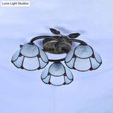 Industrial Vintage Bowl Ceiling Light - Stained Glass Blue/Clear 3 Lights Flushmount For Bedroom