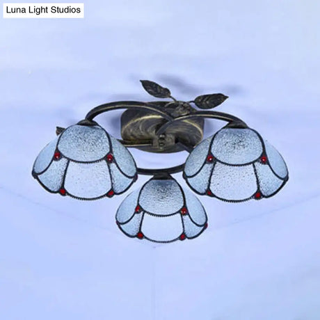 Industrial Vintage Bowl Ceiling Light - Stained Glass Blue/Clear 3 Lights Flushmount For Bedroom
