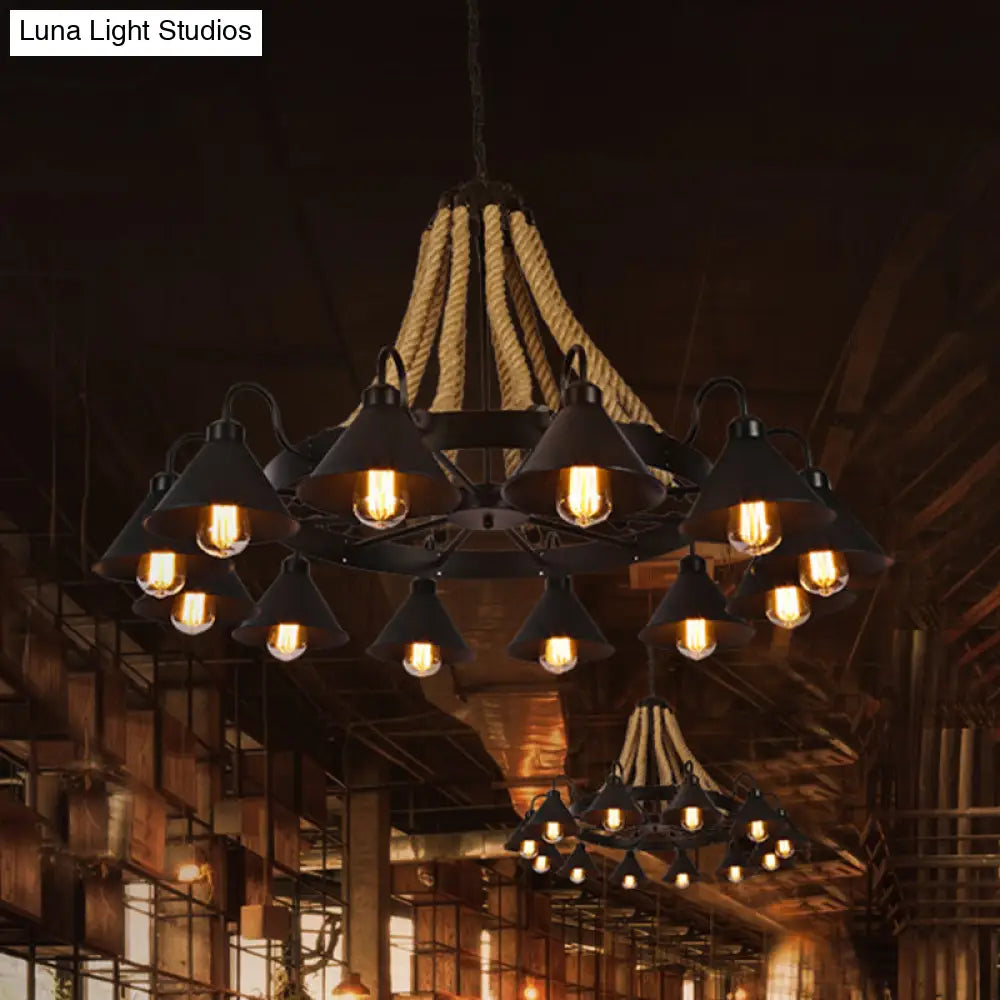 Industrial Vintage Large Chandelier With Rope And Metal Cone Shade - Perfect For Coffee Shop