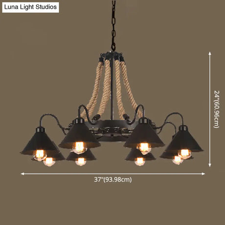 Industrial Vintage Large Chandelier With Rope And Metal Cone Shade - Perfect For Coffee Shop