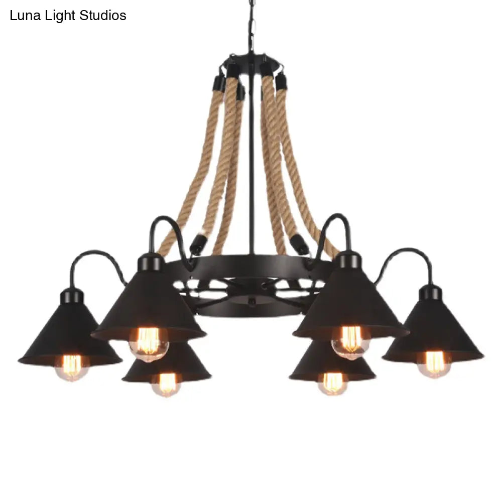 Industrial Vintage Large Chandelier With Rope And Metal Cone Shade - Perfect For Coffee Shop