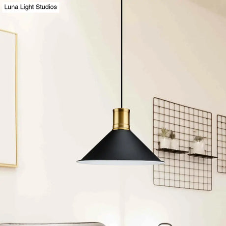 Industrial Vintage Pendant Lighting - Metallic Black Finish Conic 1-Light Suspension For Bedroom