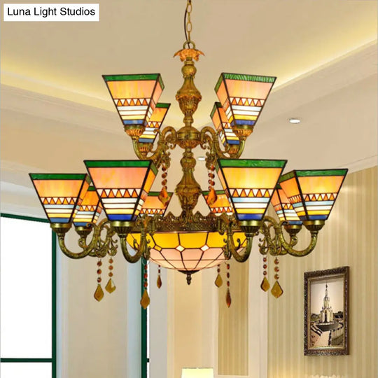 Industrial Vintage Stained Glass Pyramid Chandelier - 12 Arms With Center Bowl