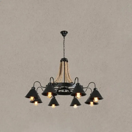 Industrial Wagon Wheel Chandelier With Adjustable Chain For Restaurant Ceiling Gloss Black