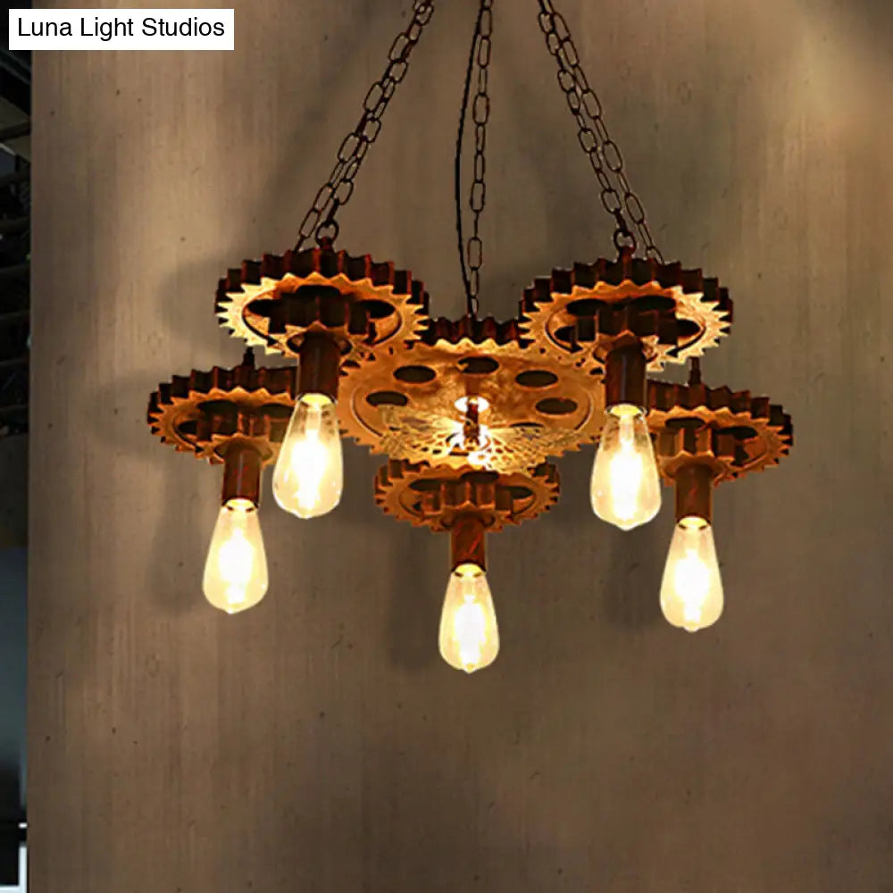Industrial Wagon Wheel 5-Light Pendant Lamp With Chain - Metal Rust Chandelier
