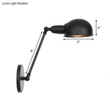 Industrial Wall Lamp Kit With Swing Arm And Dome Shade - Single-Bulb Iron Mount Fixture In Black