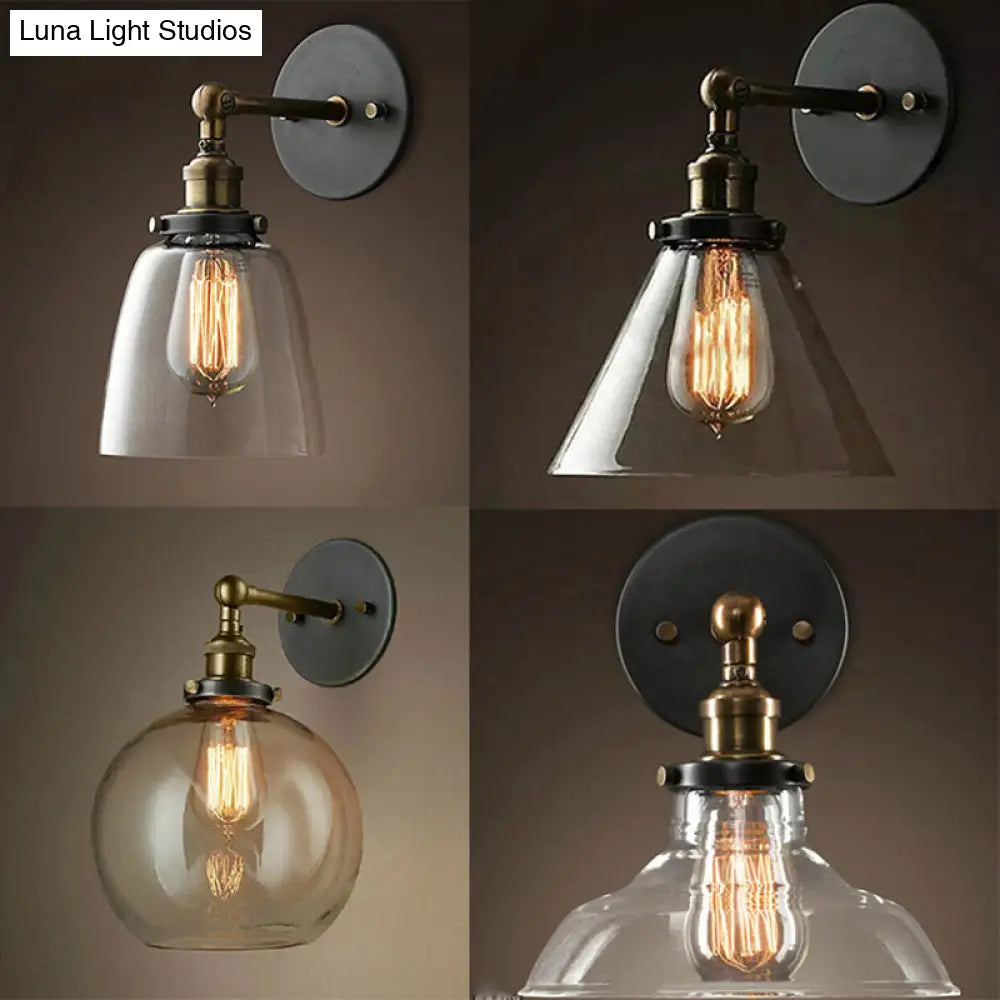 Industrial Wall Lamp With Swivel Glass Shade - Brass-Black Finish For Kitchen And More Clear / Barn